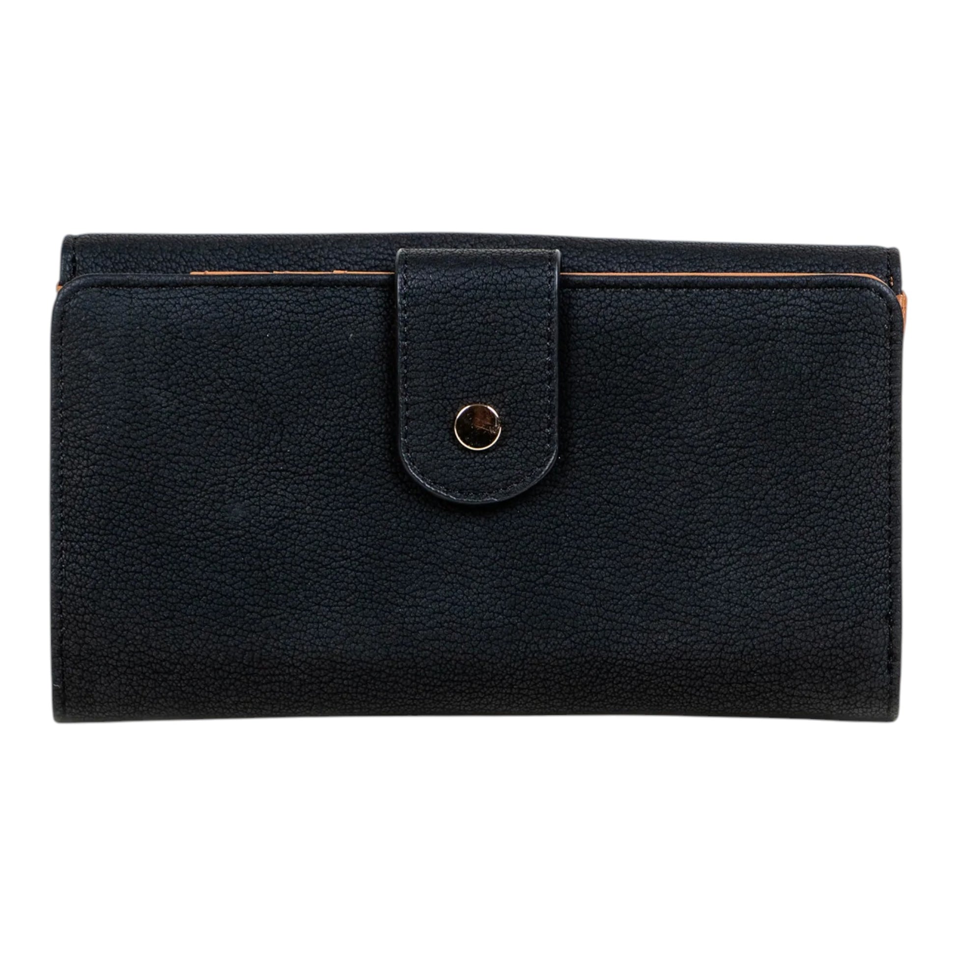 Regalos Ejecutivos Ortiz black faux leather wallet with a gold organic-shaped clasp and textured finish.