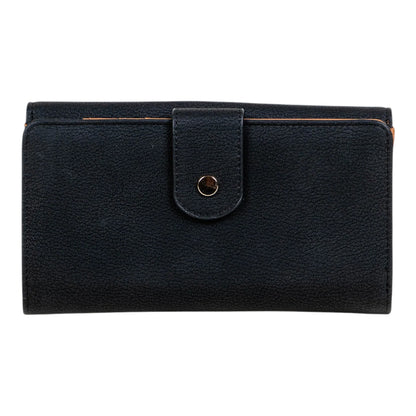 Regalos Ejecutivos Ortiz black faux leather wallet with a gold organic-shaped clasp and textured finish.