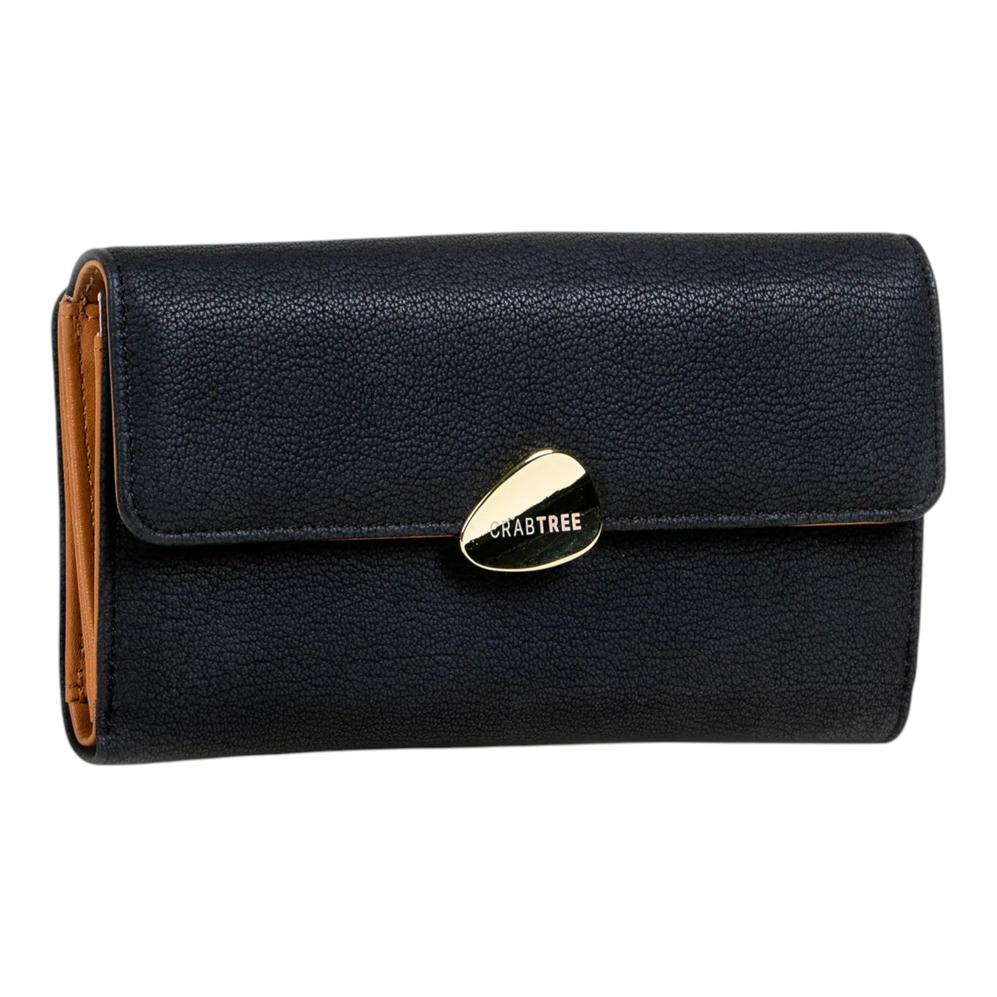 Regalos Ejecutivos Ortiz black faux leather wallet with a textured finish and gold organic-shaped clasp.