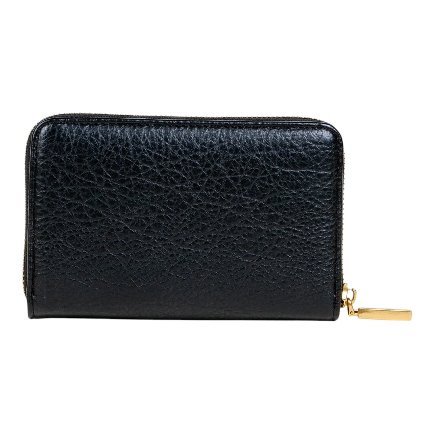 Regalos Ejecutivos Ortiz black textured synthetic leather zip-around wallet with gold hardware.