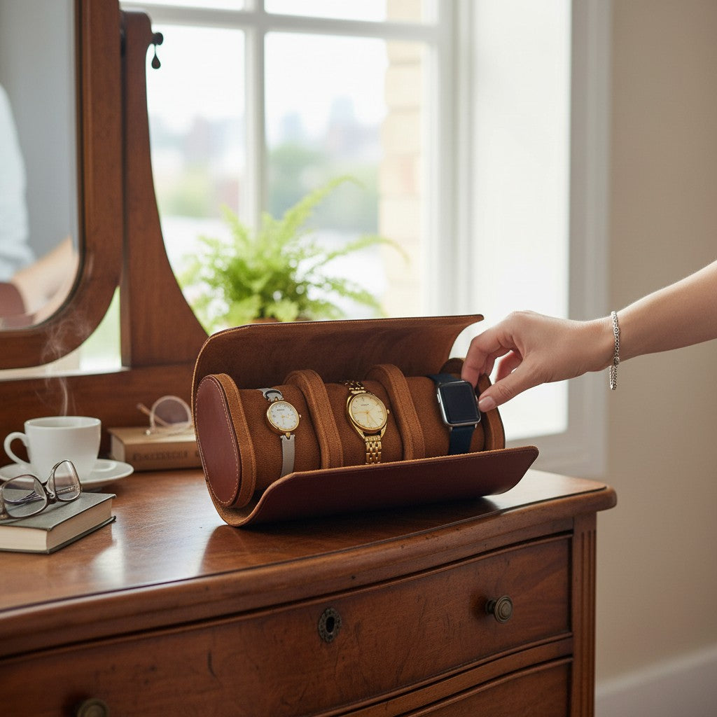 Regalos Ejecutivos Ortiz brown faux leather 3-watch roll case with soft interior and secure clasp, ideal for travel.