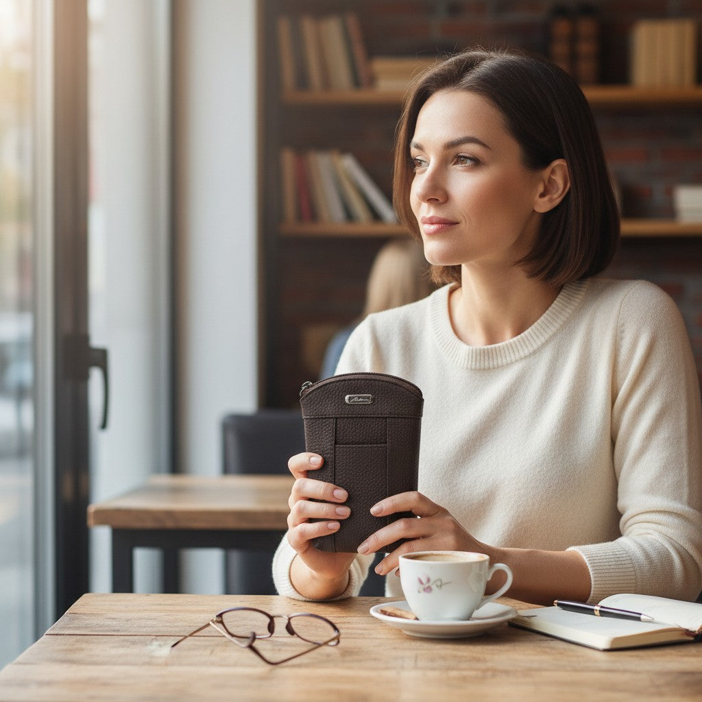 Regalos Ejecutivos Ortiz brown leather cigarette case with lighter holder held by a woman in a cafe setting