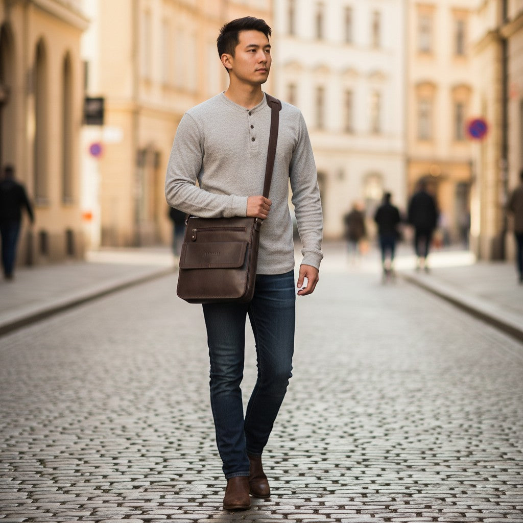 Regalos Ejecutivos Ortiz brown leather crossbody bag with flap, zipper pockets, and adjustable strap.