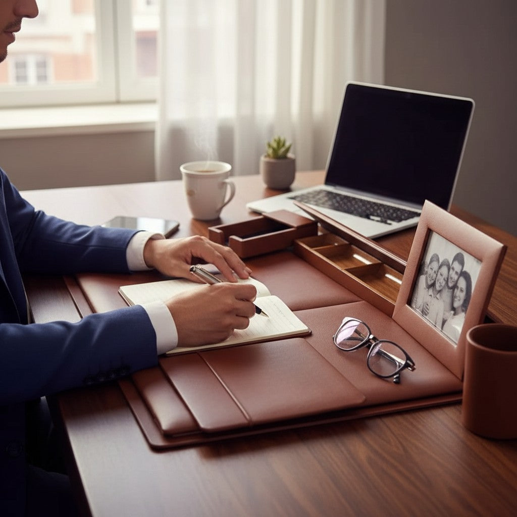 Regalos Ejecutivos Ortiz 6-piece brown leather desk set with notepad holder, photo frame, pen cup, and organizer tray.
