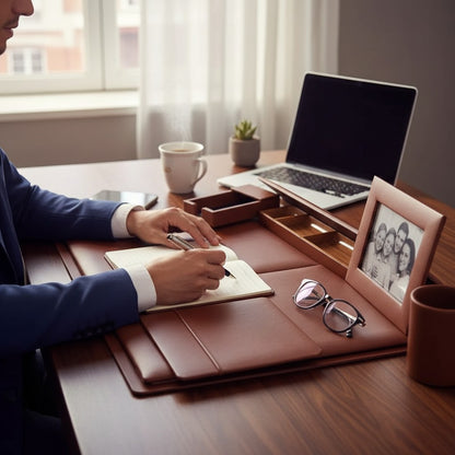 Regalos Ejecutivos Ortiz 6-piece brown leather desk set with notepad holder, photo frame, pen cup, and organizer tray.