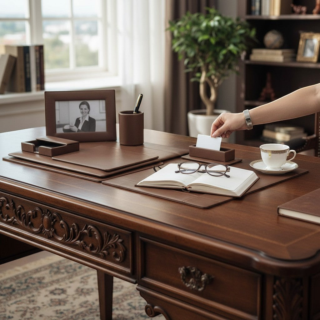 Regalos Ejecutivos Ortiz executive desk set in light brown genuine leather, includes base, pen holder, business card holder, and photo frame.