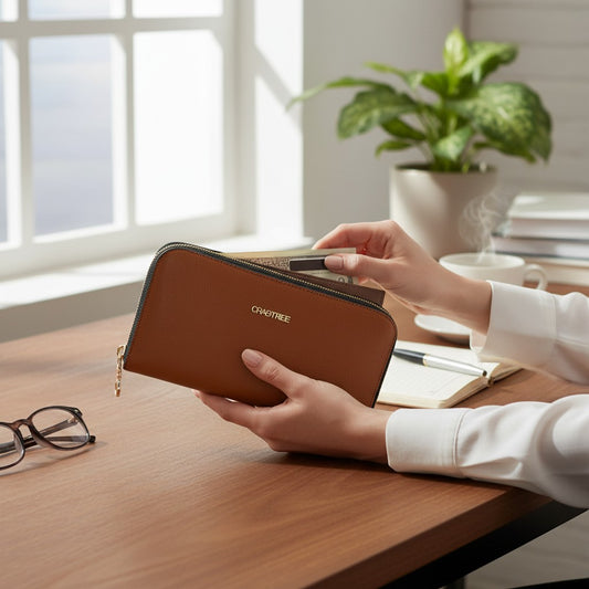 Regalos Ejecutivos Ortiz Crabtree brown pebbled leather zip-around wallet with gold hardware.