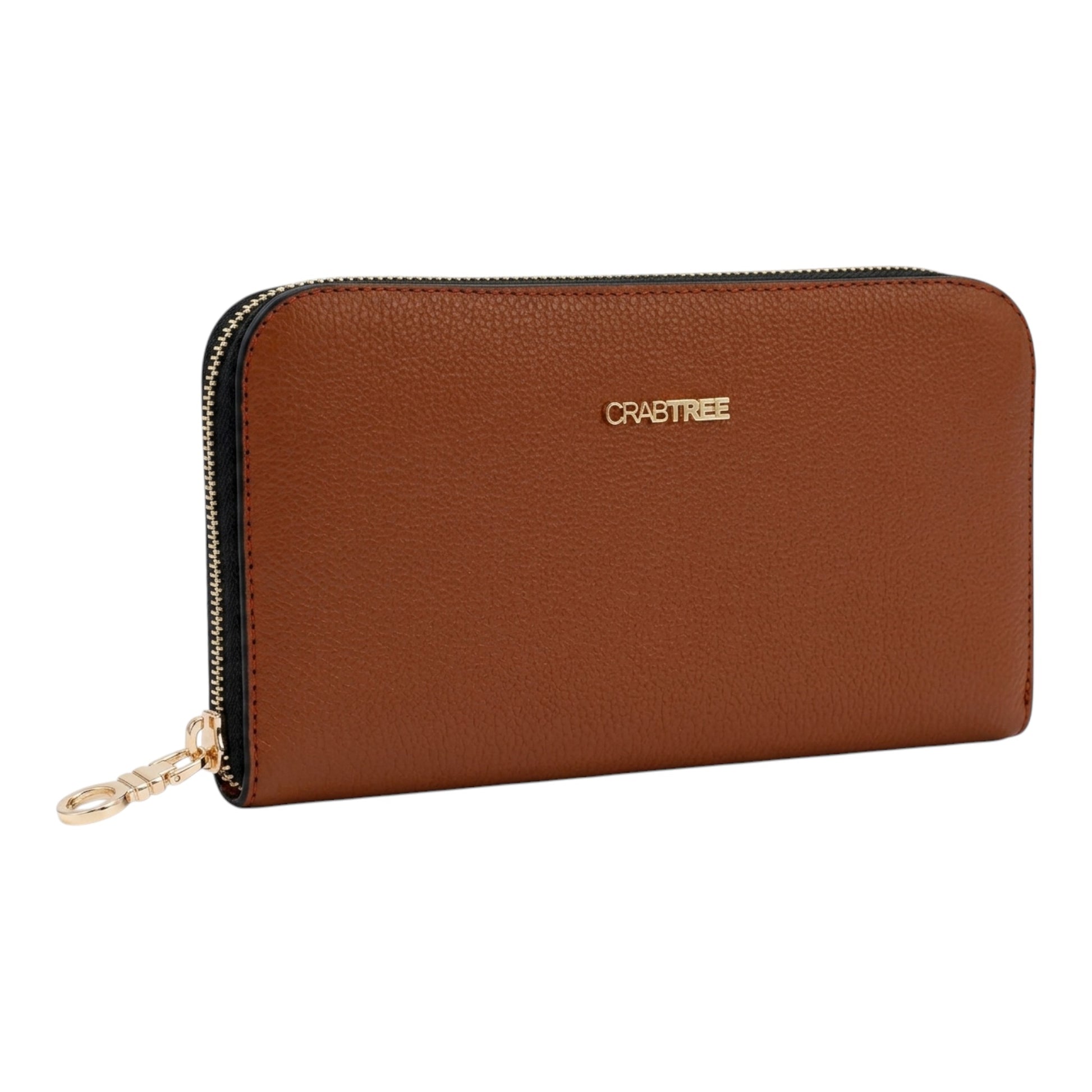 Regalos Ejecutivos Ortiz brown pebbled leather zip-around wallet with gold hardware and embossed logo.