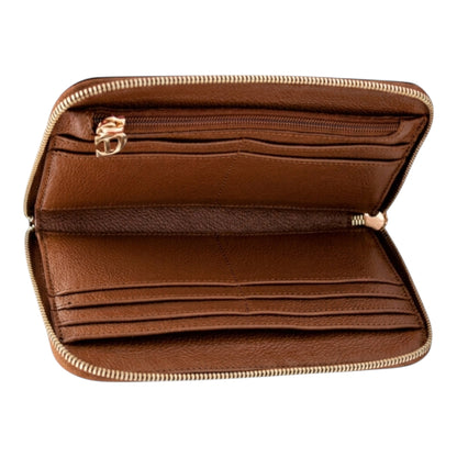 Regalos Ejecutivos Ortiz brown leather zip-around wallet with multiple card slots and zippered coin pocket.