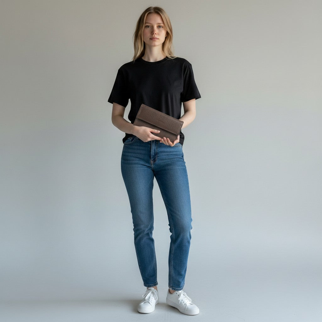 Regalos Ejecutivos Ortiz brown leather elongated wallet with snap closure held by a woman in a black t-shirt