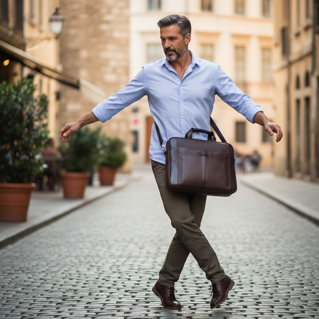 Regalos Ejecutivos Ortiz dark brown pebbled leather laptop briefcase with zip pockets and adjustable strap.