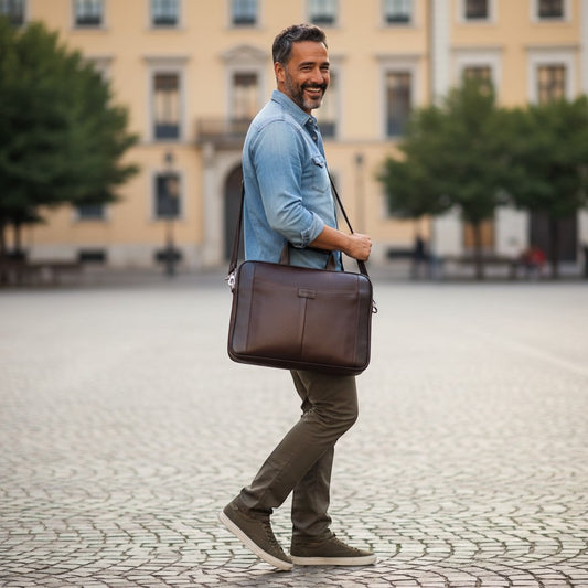 Regalos Ejecutivos Ortiz dark brown pebbled leather laptop briefcase with zip pockets and adjustable strap.