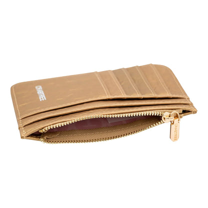 Regalos Ejecutivos Ortiz golden synthetic card holder with multiple card slots and a zippered coin compartment.