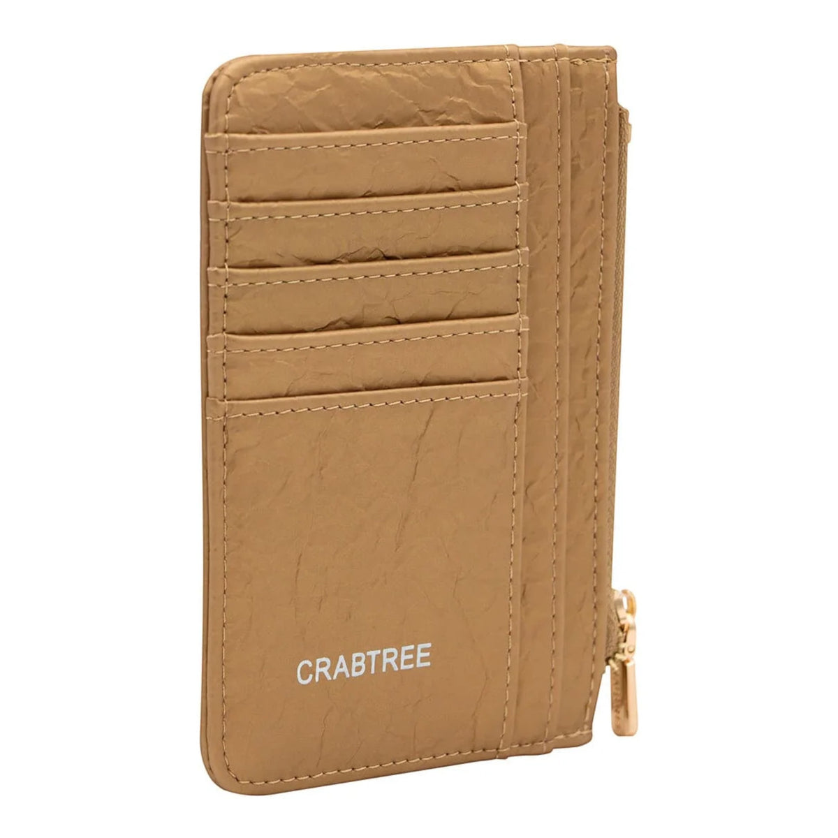 Regalos Ejecutivos Ortiz golden synthetic cardholder with multiple card slots and a zippered coin compartment.