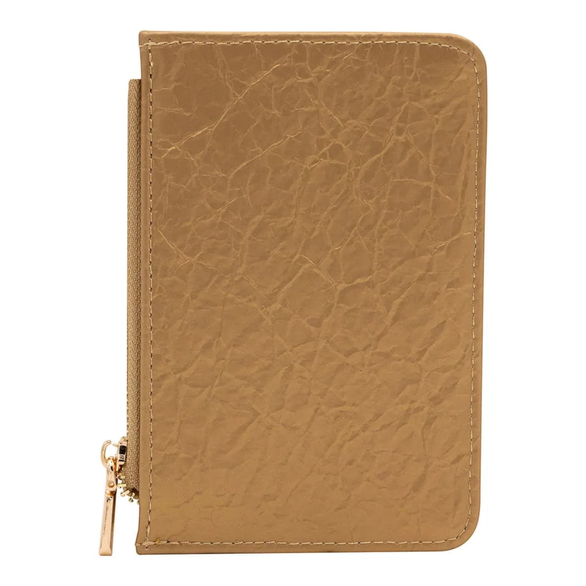 Regalos Ejecutivos Ortiz golden synthetic cardholder with zipper compartment and card slots.