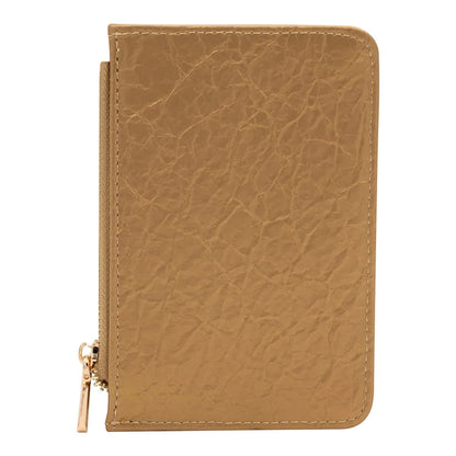 Regalos Ejecutivos Ortiz golden synthetic cardholder with zipper compartment and card slots.