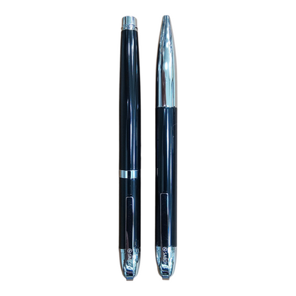Juego de bolígrafo y roller Regalos Ejecutivos Ortiz en color negro y plata con detalles metálicos brillantes