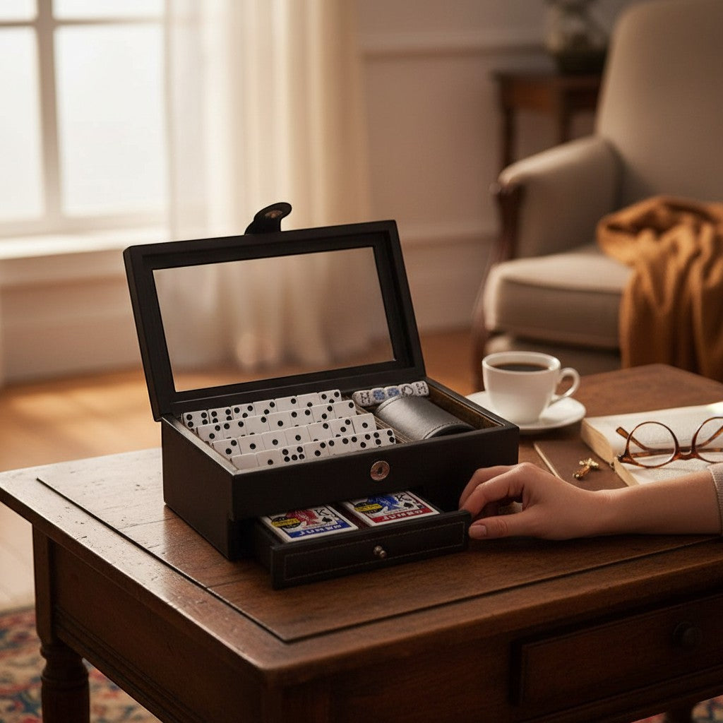 Regalos Ejecutivos Ortiz dark brown leather casino set with dominoes, playing cards, and dice cup.