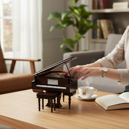 Regalos Ejecutivos Ortiz dark brown wood miniature grand piano ornament with sheet music and red velvet interior, includes matching stool.