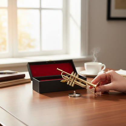 Regalos Ejecutivos Ortiz gold-plated miniature trumpet ornament with black display case and stand.
