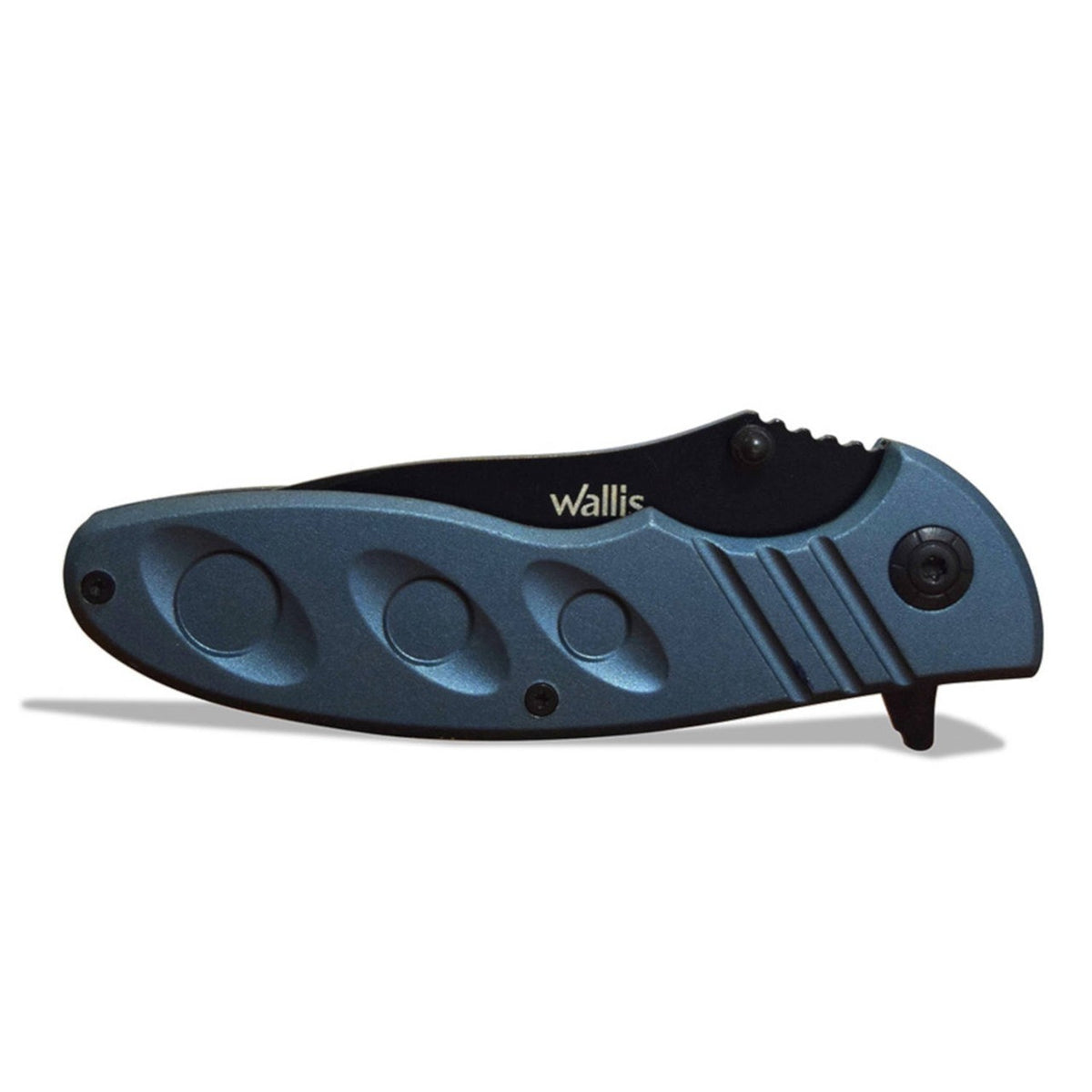 Navaja plegable Regalos Ejecutivos Ortiz con mango metálico azul y hoja negra, diseño ergonómico compacto.