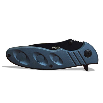 Navaja plegable Regalos Ejecutivos Ortiz con mango metálico azul y hoja negra, diseño ergonómico compacto.