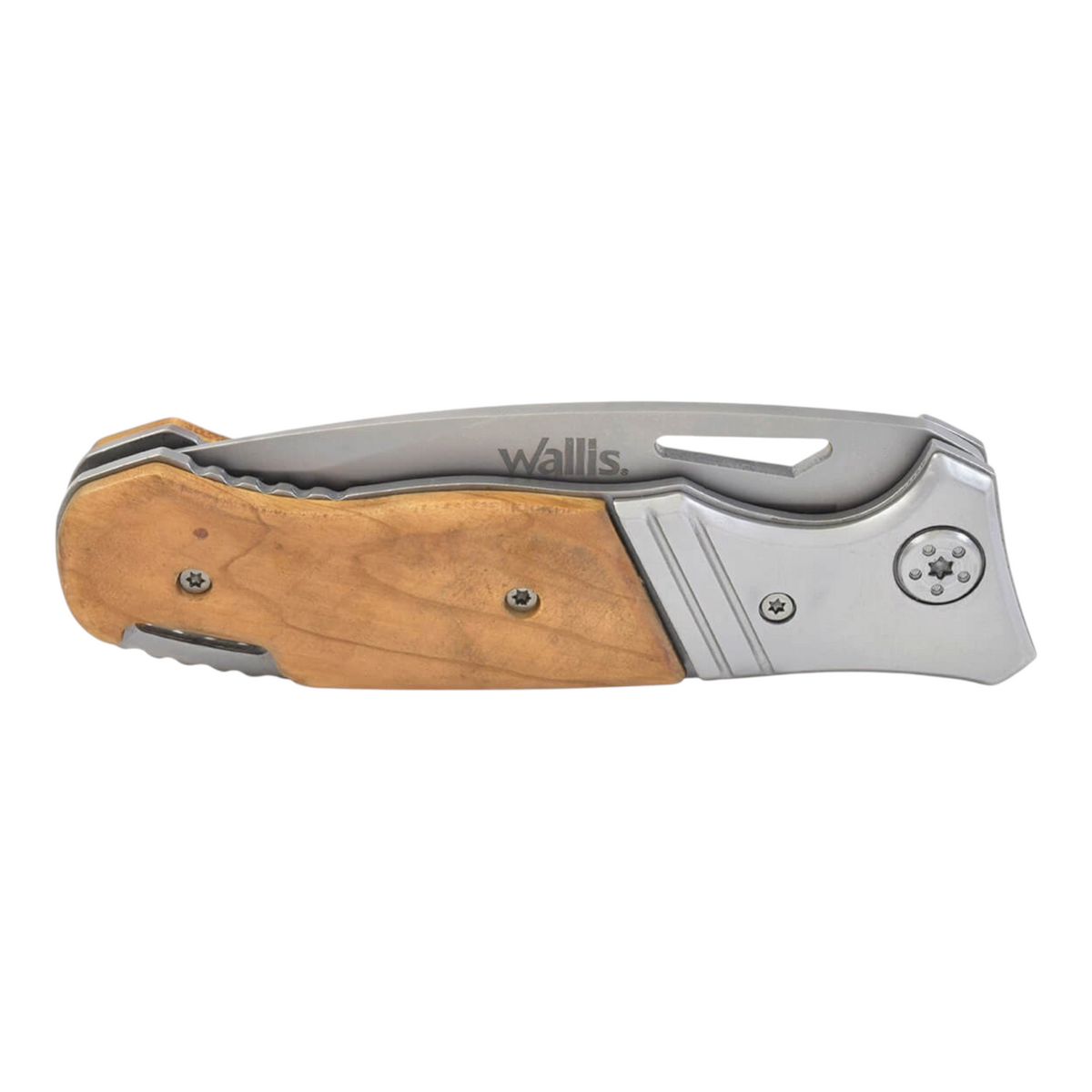 Navaja plegable Regalos Ejecutivos Ortiz con mango de madera natural y cuerpo de acero inoxidable gris