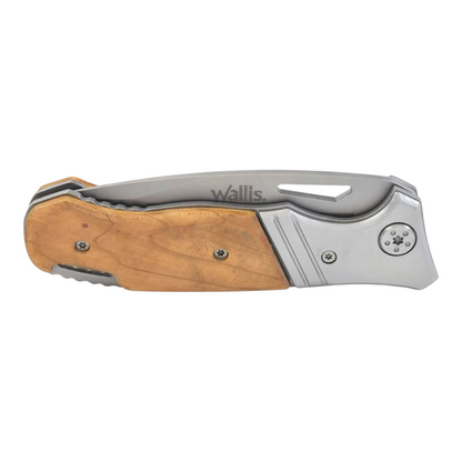 Navaja plegable Regalos Ejecutivos Ortiz con mango de madera natural y cuerpo de acero inoxidable gris