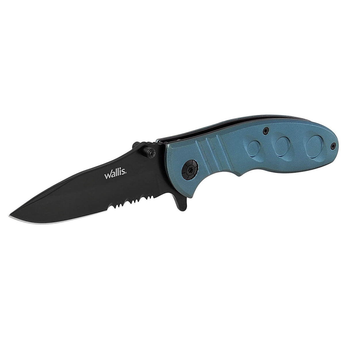 Navaja Regalos Ejecutivos Ortiz con hoja negra dentada y mango ergonómico de metal azul