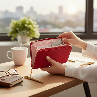 Regalos Ejecutivos Ortiz red crossbody wallet with gold zipper and interior card slots.