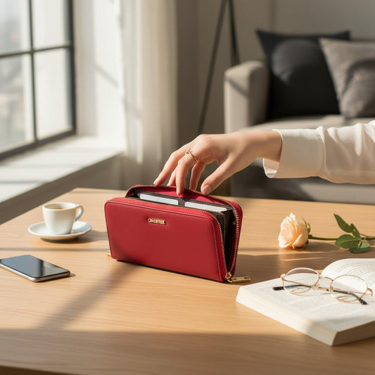 Regalos Ejecutivos Ortiz red double zipper wallet with gold hardware and embossed logo.