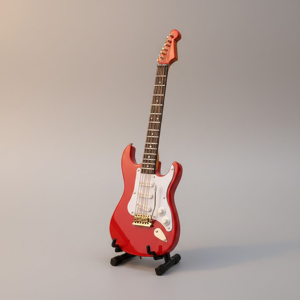 Regalos Ejecutivos Ortiz red electric guitar replica, 14cm, with white pickguard and gold hardware, displayed on a black stand.