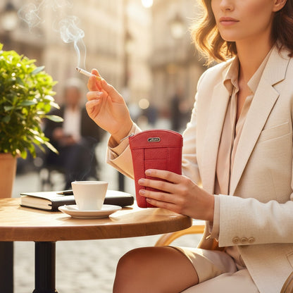 Regalos Ejecutivos Ortiz red leather cigarette case with lighter holder held by a woman at an outdoor cafe table.