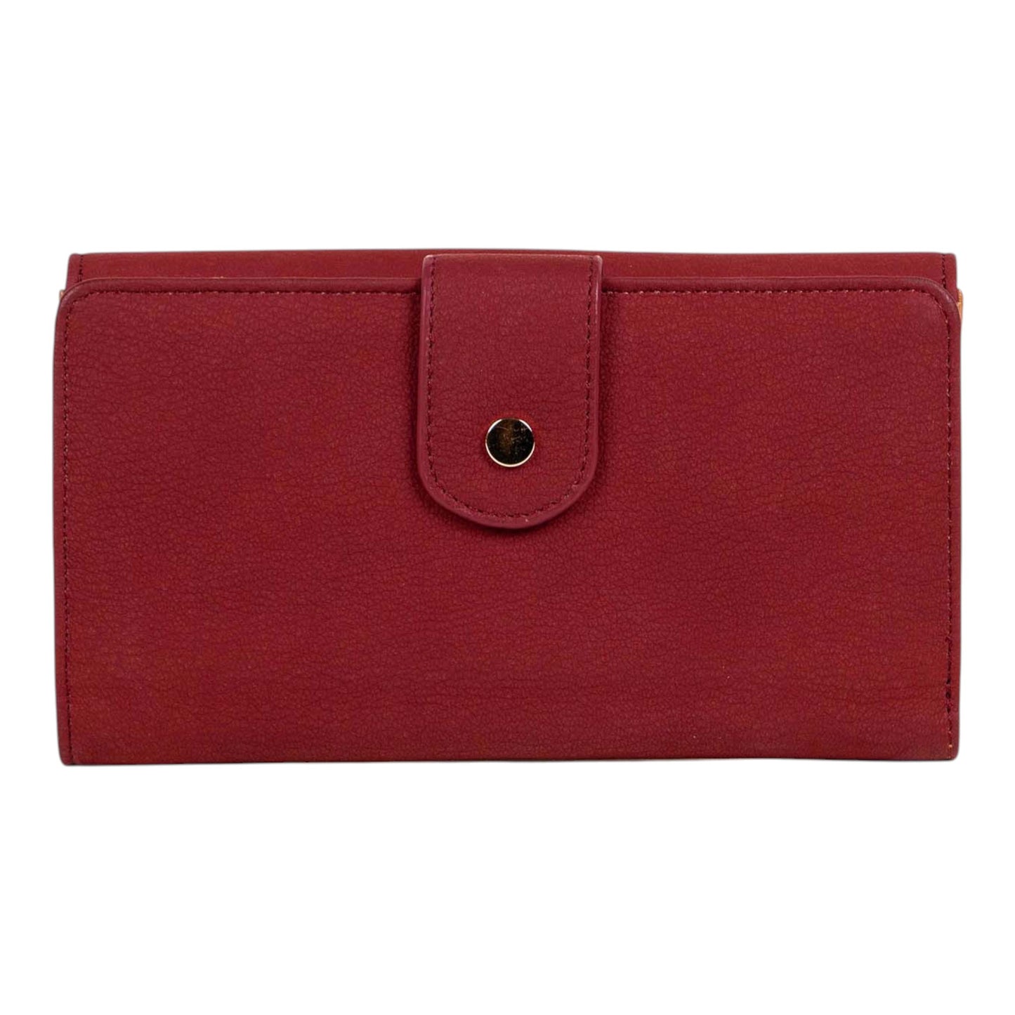 Regalos Ejecutivos Ortiz red leather wallet with a gold button closure and a subtle textured finish.