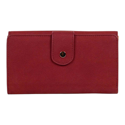 Regalos Ejecutivos Ortiz red leather wallet with a gold button closure and a subtle textured finish.