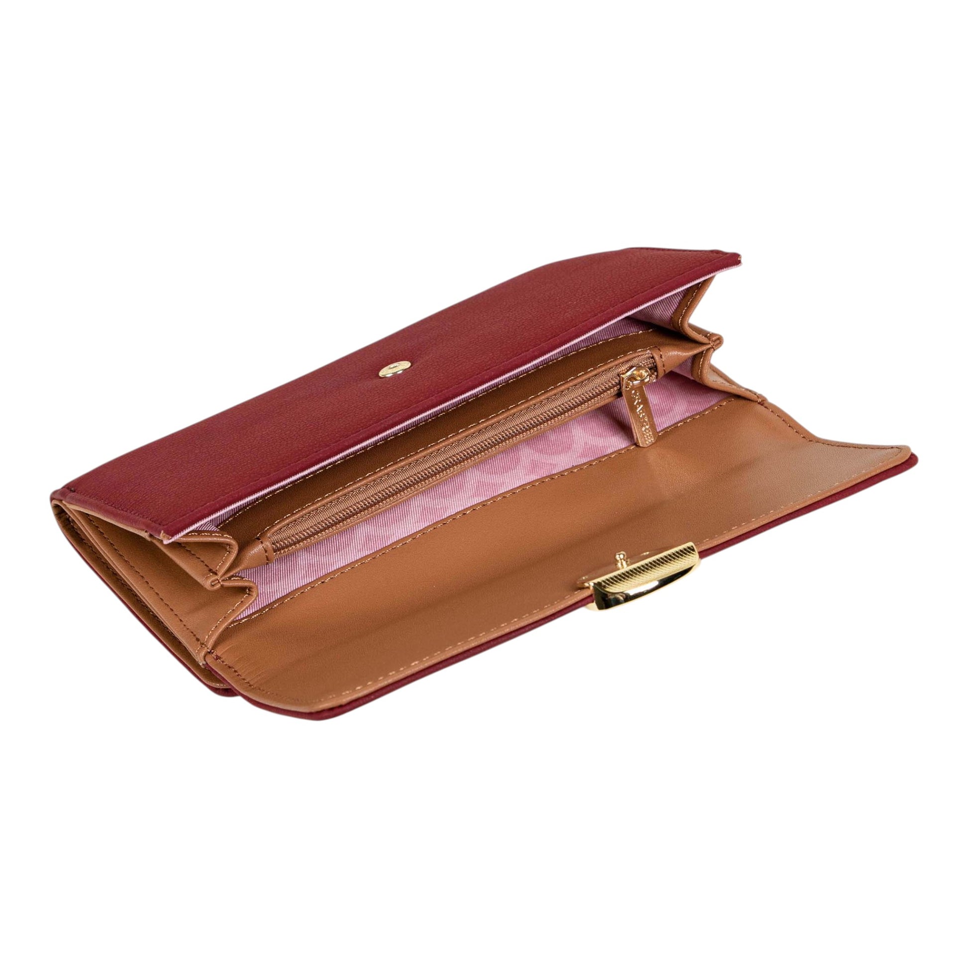 Regalos Ejecutivos Ortiz red leather wallet with gold clasp and zip pocket.