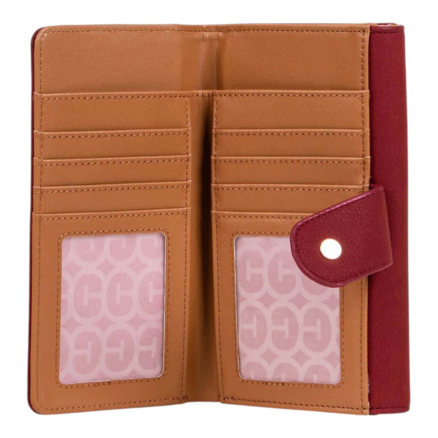 Regalos Ejecutivos Ortiz red leather wallet with tan interior, multiple card slots, and clear ID windows with CG pattern.