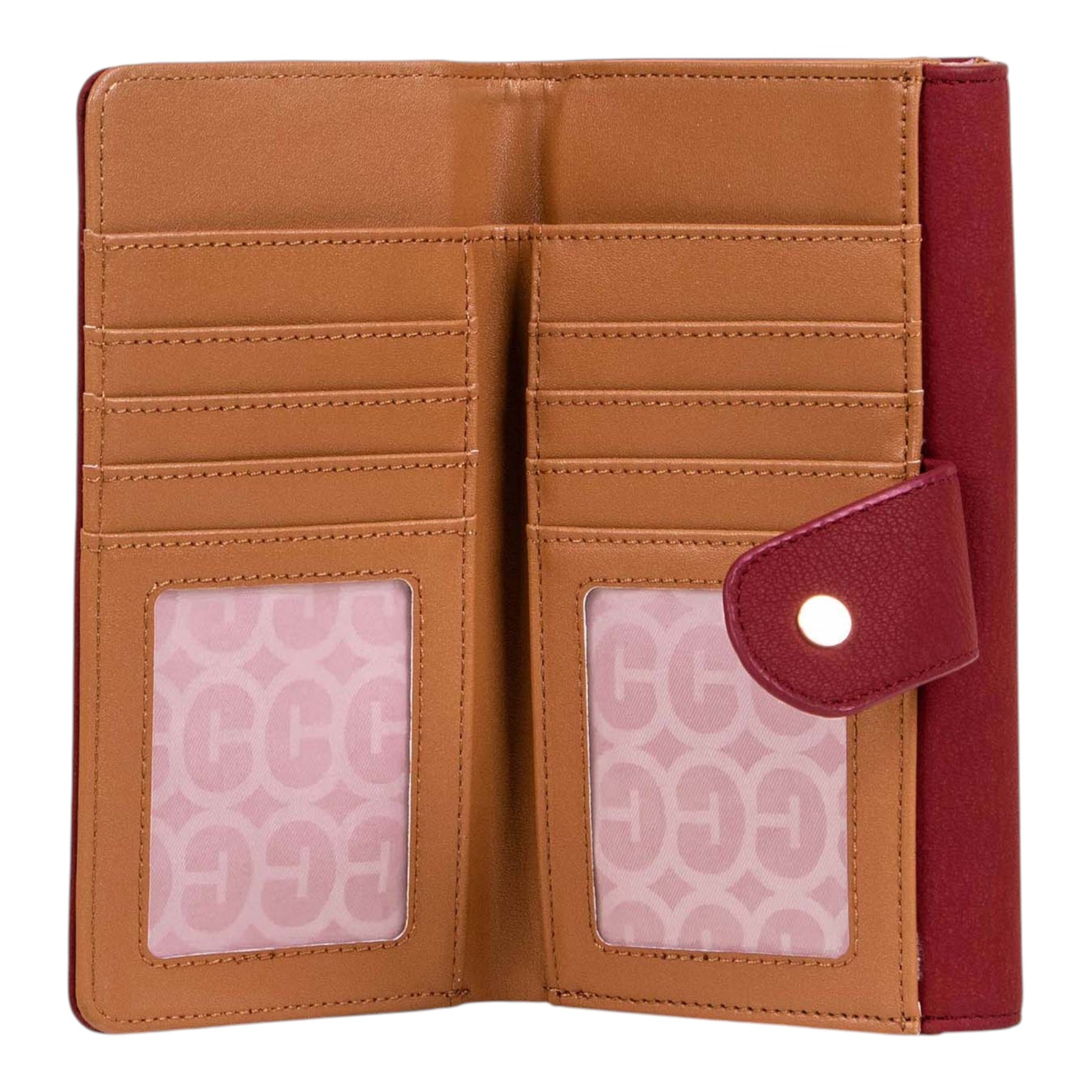 Regalos Ejecutivos Ortiz red leather wallet with tan interior, multiple card slots, and clear ID windows with CG pattern.