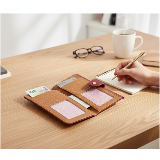 Regalos Ejecutivos Ortiz red leather Crabtree wallet with tan interior, multiple card slots, and ID windows.