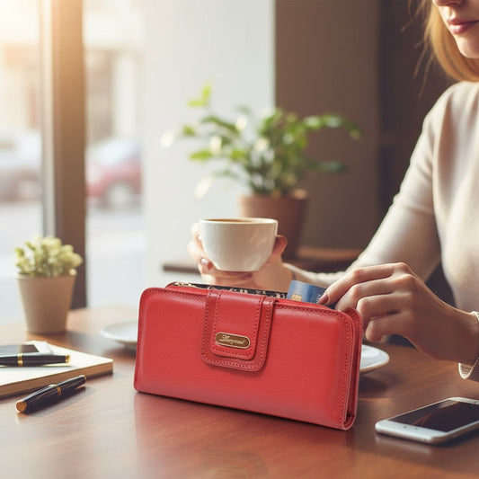 Regalos Ejecutivos Ortiz red genuine leather wallet with front clasp and zipper closure, ideal for daily use.