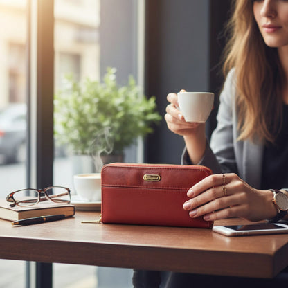 Regalos Ejecutivos Ortiz red leather classic wallet with gold zipper and interior card slots.