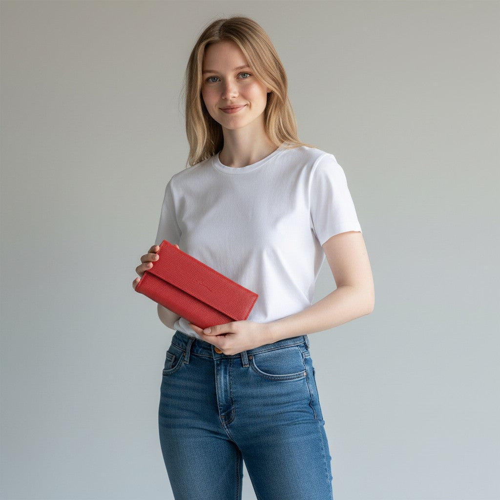 Woman holding a Regalos Ejecutivos Ortiz red genuine leather elongated wallet with a snap closure