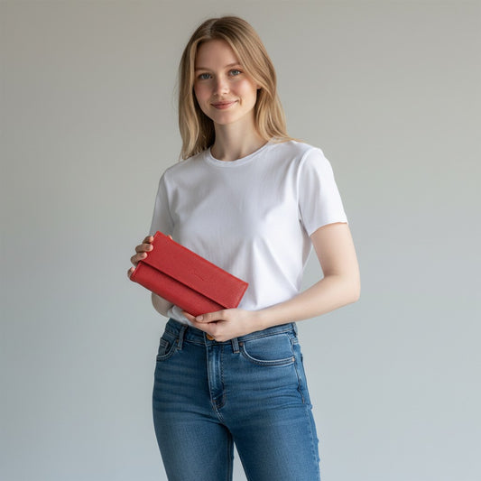 Woman holding a Regalos Ejecutivos Ortiz red genuine leather elongated wallet with a snap closure