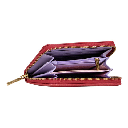 Regalos Ejecutivos Ortiz red textured synthetic wallet with gold zipper and logo detail, open to show purple interior.