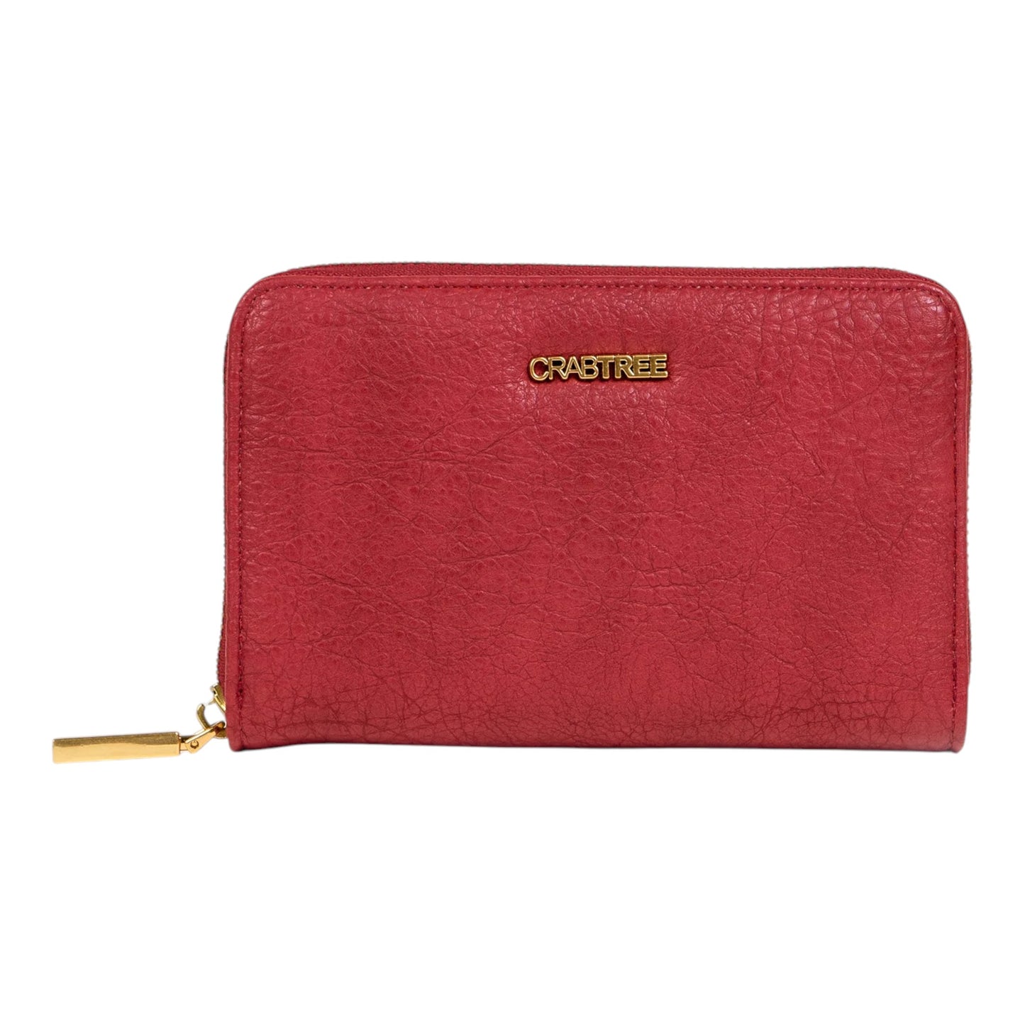 Regalos Ejecutivos Ortiz red textured synthetic leather wallet with gold Crabtree logo and zip closure.