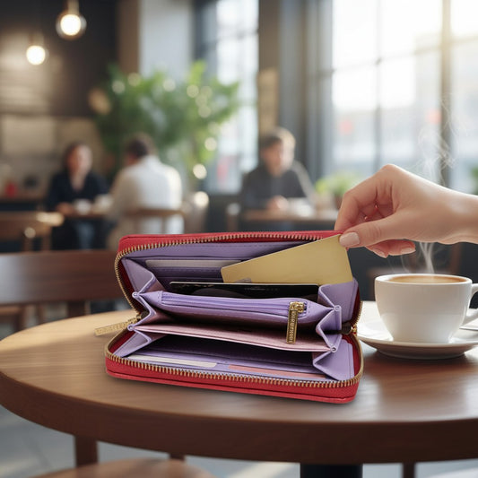 Regalos Ejecutivos Ortiz red textured synthetic wallet with gold zipper and interior card slots.