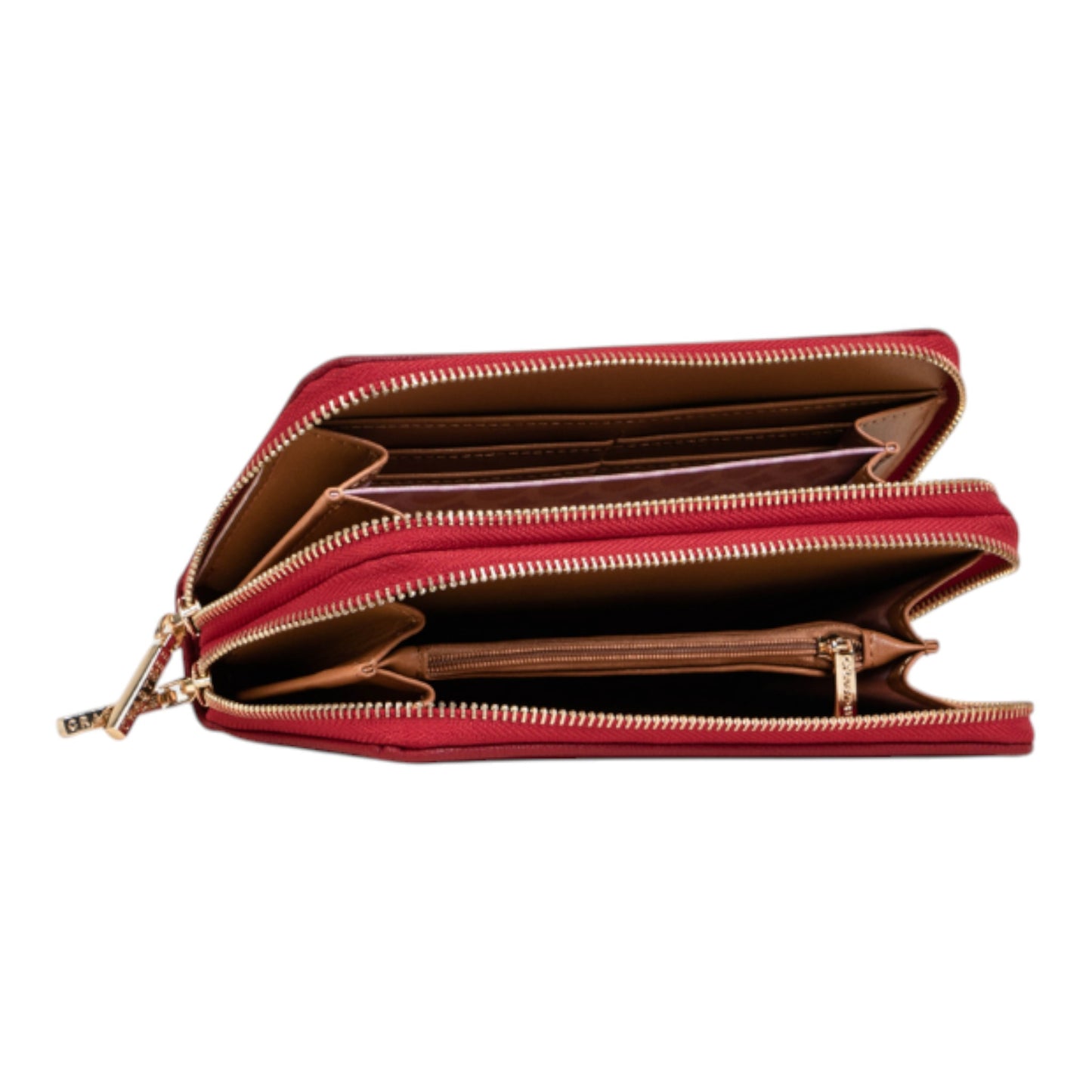 Regalos Ejecutivos Ortiz red double zipper wallet with tan interior and gold hardware.