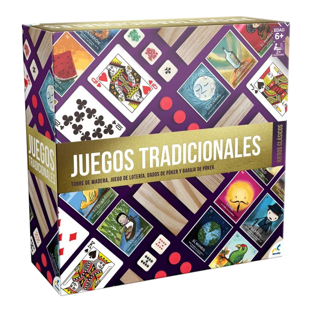 Set de 3 juegos clásicos Regalos Ejecutivos Ortiz con lotería, póker y torre de madera en caja colorida