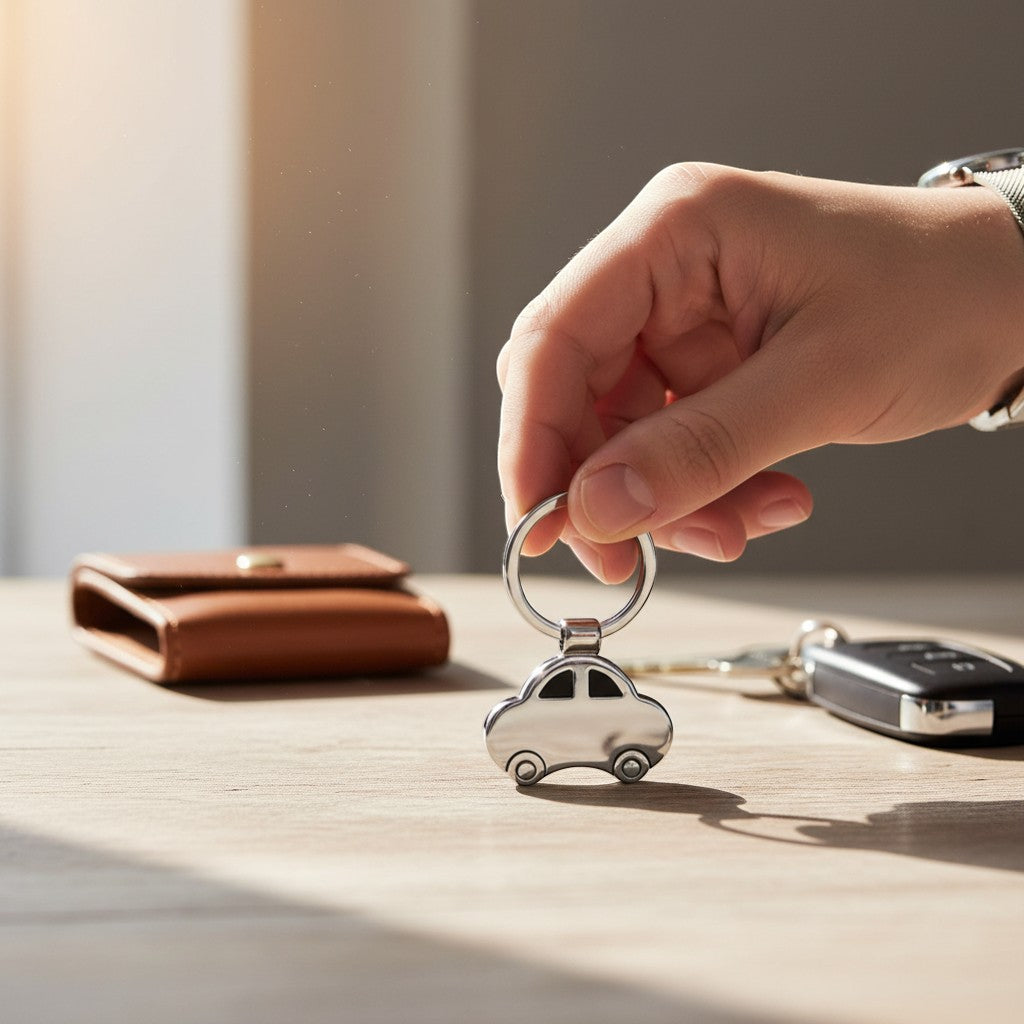 Regalos Ejecutivos Ortiz silver metal car keychain with reinforced ring.
