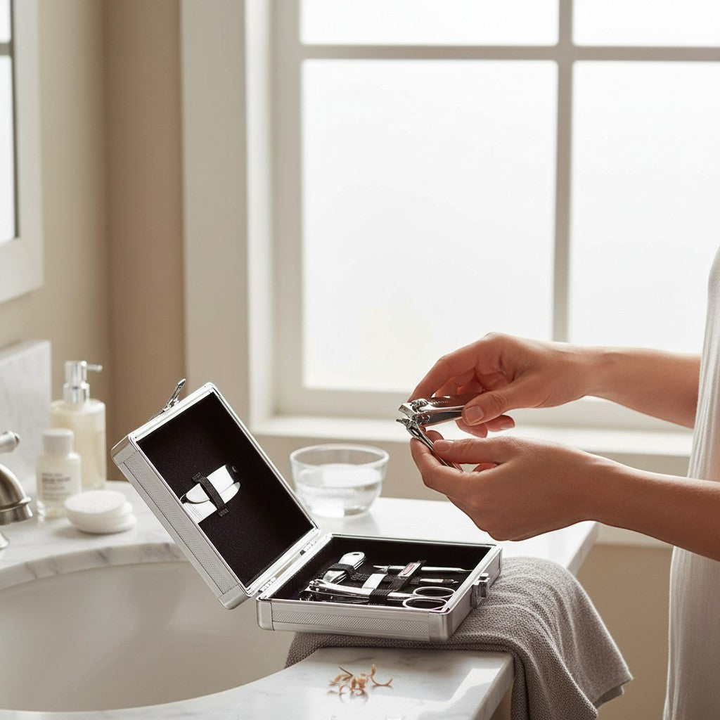 Regalos Ejecutivos Ortiz silver metal manicure case with 11 stainless steel grooming tools including clippers, scissors, and files.